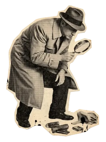 A detective studying clues through a magnifier