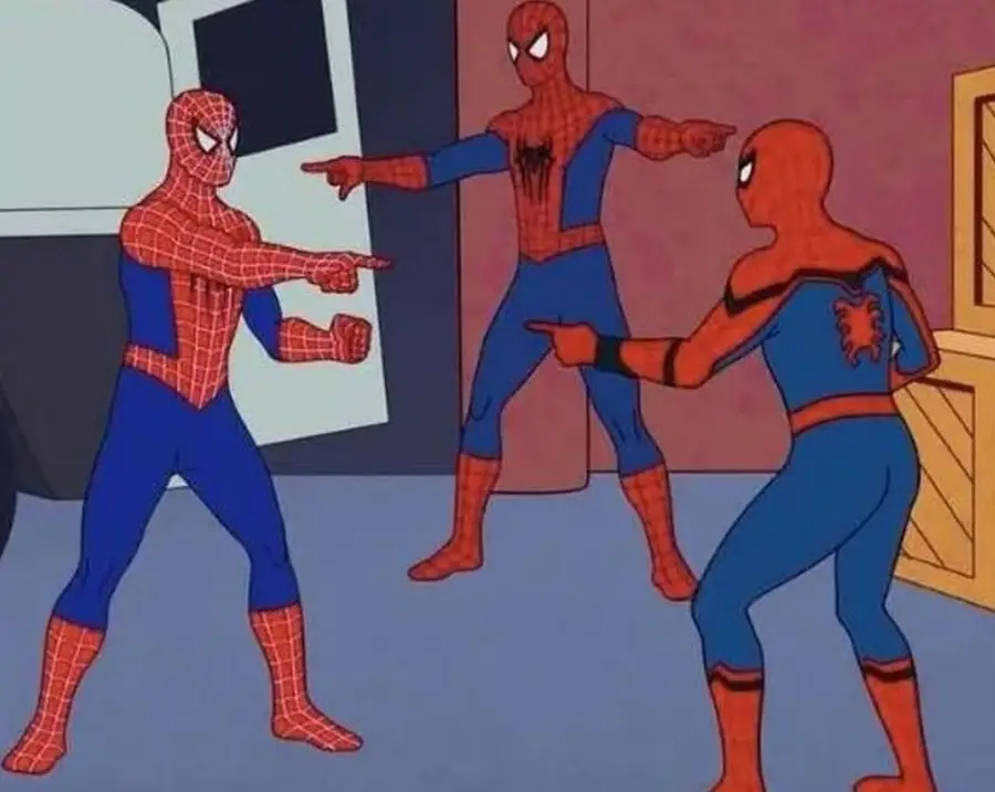 Three identical figures pointing at each other — creative, performance, and you