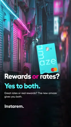 Amaze — neon card hero, rewards or rates